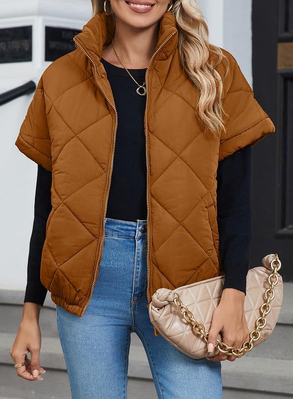 SHEWIN Quilted Jackets For Women 2025 Casual Lightweight Short Sleeve Zip Up Warm Vests - Image 6