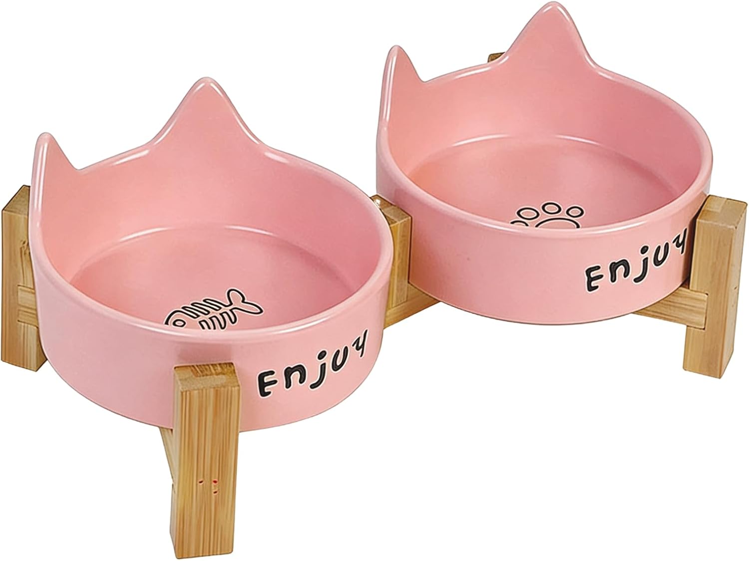 Puffluv Ceramic Dog and Cat Bowl Set with Wooden Stand Non-Slip Matte Glaze Weighted Food Water Cute Raised Feeder-Pink Cat Ear-6.76 OZ