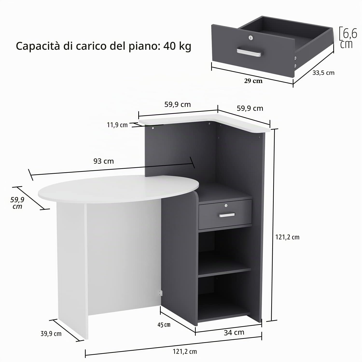 Banco reception Cassettiera con ripiano e cassetto, bancone patchwork nero-grigio, MDF, 40 x 121 x 110 cm