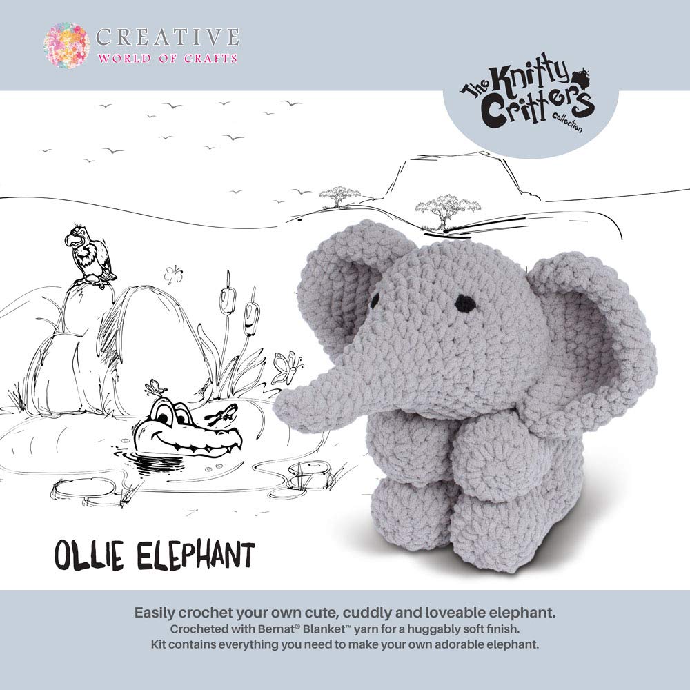 Bernat Pale Grey Knitty Critters-Ollie Elephant, 1 X 300G Ball, 8Mm & 5Mm Crochet Hook, Yarn For Features, Toy Stuffing, Pattern