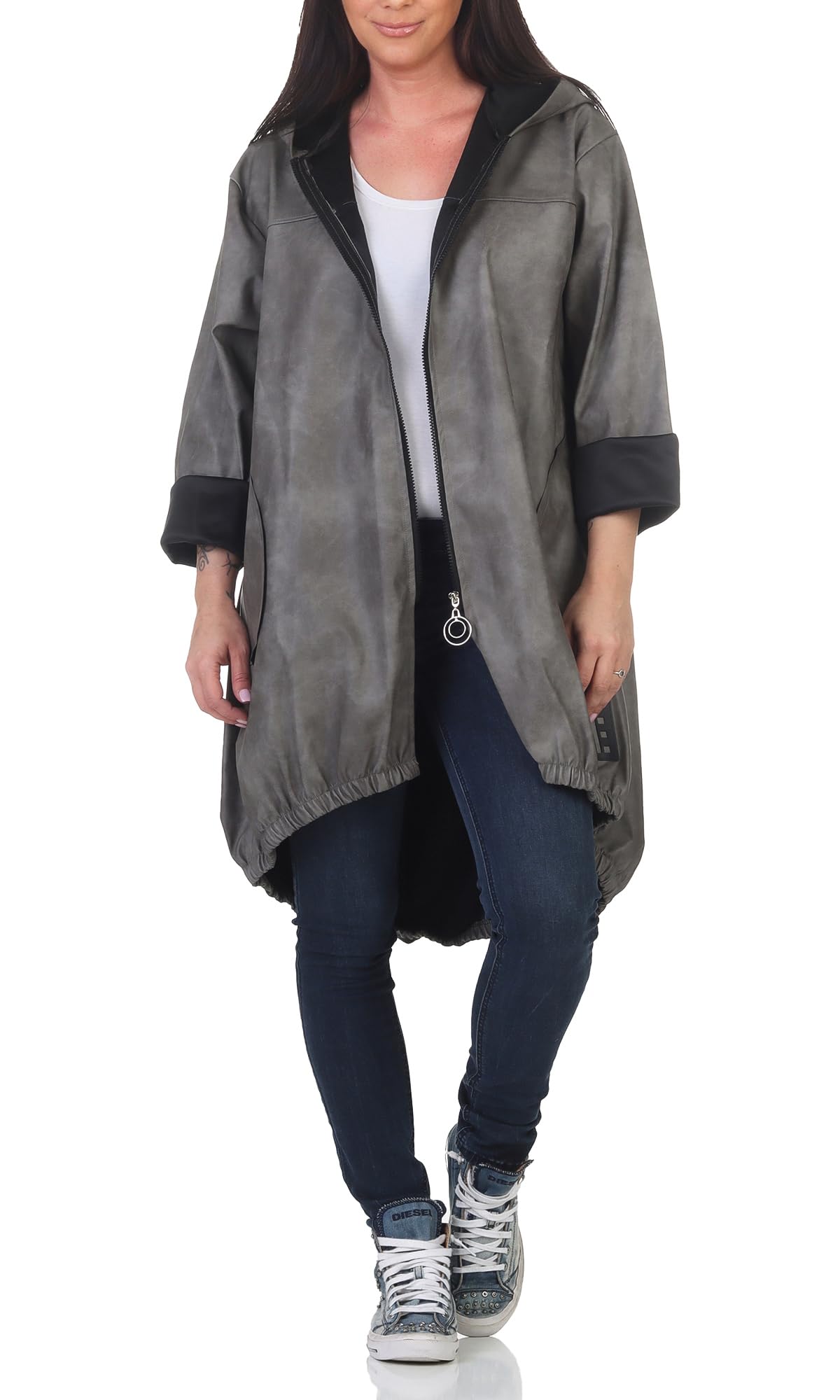 simaranda Damen Regenjacke Made in Italy Oversize Parka mit Kapuze Stylischer Vokuhila Mantel Wasserabweisende Übergangsjacke Einheitsgröße (Gr. 38-42)