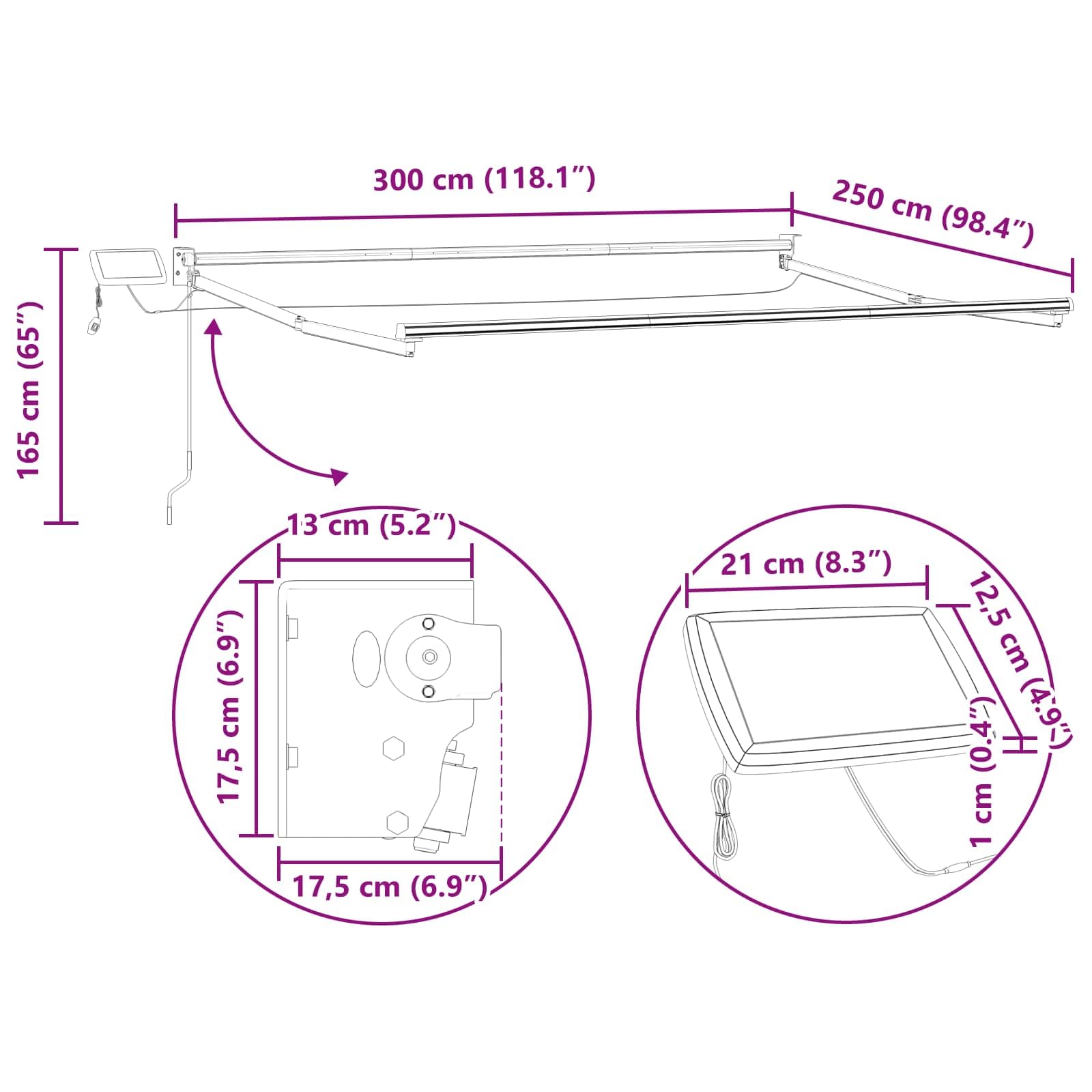 Telaio per tenda da sole in alluminio, bianco, 3 x 2,5 m, con manovella manuale e luci LED integrate, struttura solida per tettoia della terrazza, pannello solare incluso