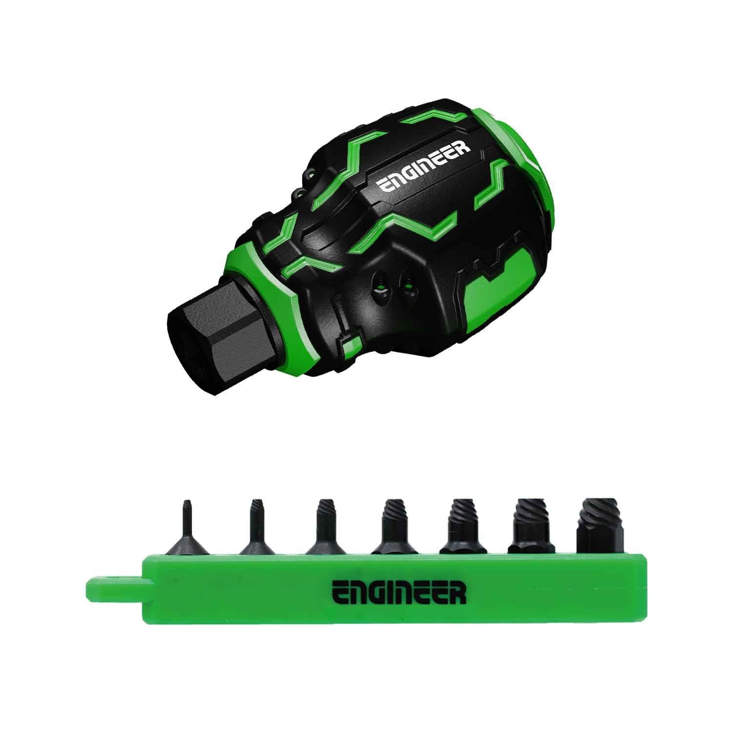Engineer DZ-94 Ball Grip Screwdriver Handle & Screw Removal Bit Ultra Short 7 Piece Set, Removes Stuck and Stripped M2-M10 Screws, 2.16 inch length,