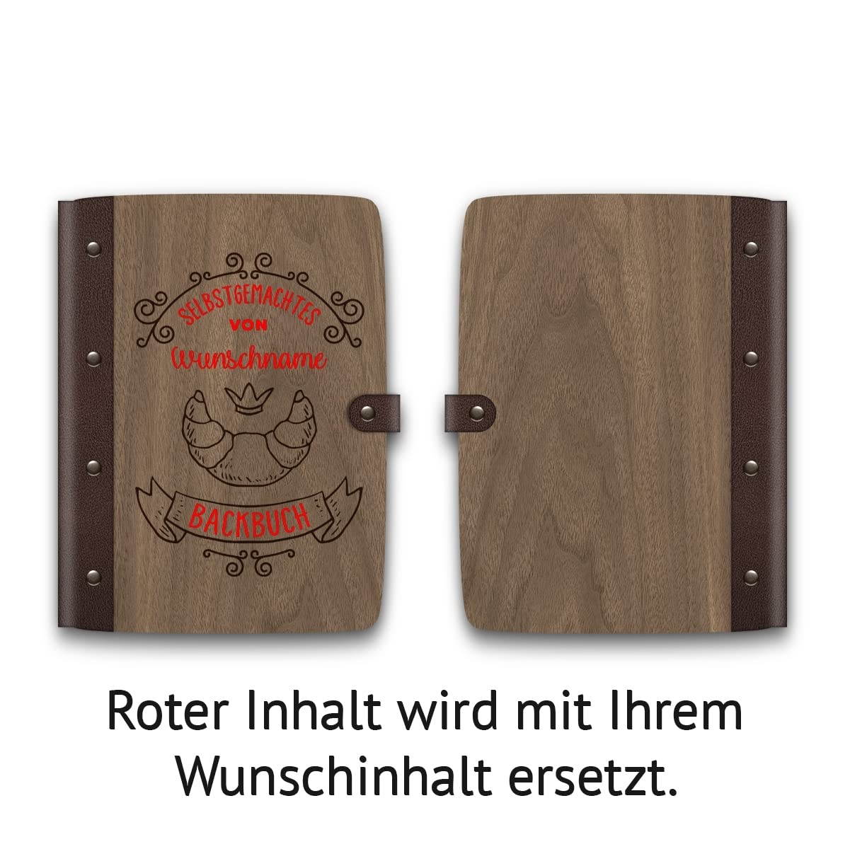 Notizbuch, Rezeptbuch, Rezeptordner Holzcover mit Echtleder Rücken 72 Blatt | 144 Seiten A5 hoch 158x222mm Nussbaum Amerikanisch - Backbuch