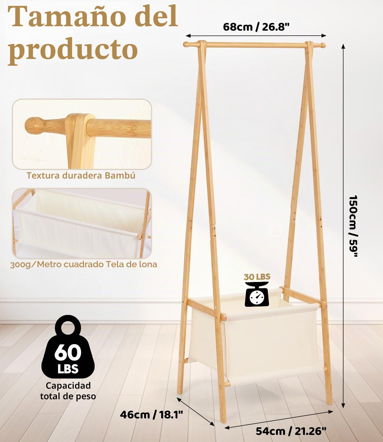 Perchero de Bambú, Perchero de Guardarropa con Armario Abierto y Bolsa de Almacenamiento, Barra con Ganchos, Estable para Dormitorio y Pasillo (S)