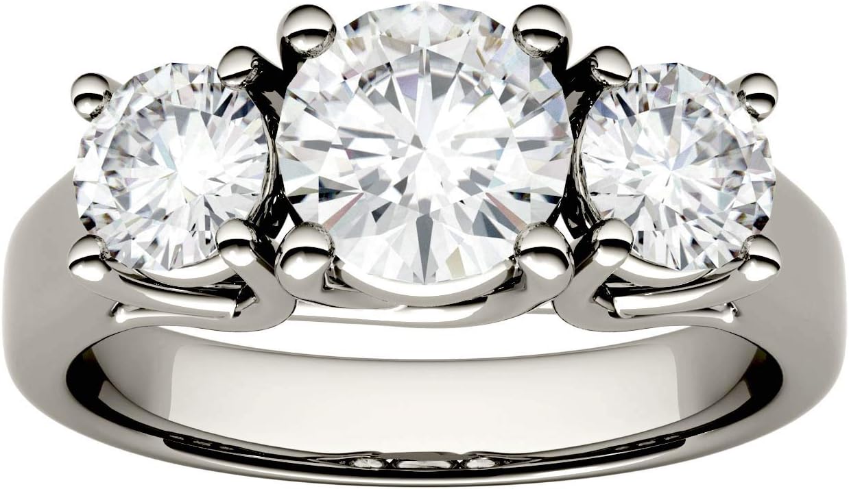 Charles & Colvard Created Moissanite 6.5mm Round Cut Three Stone Ring for Women | 2 cttw DEW | Lab Grown | Solid 14K White Gold with Rhodium