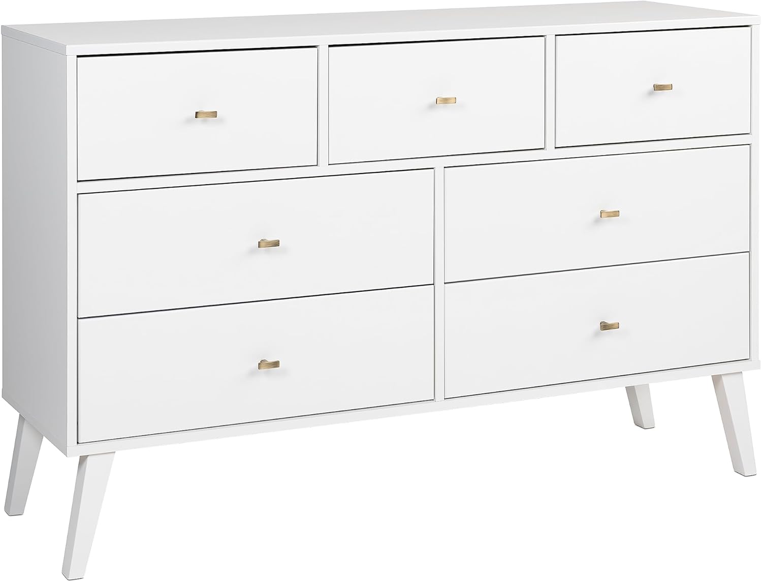White Mid-Century Modern Double Dresser with Brass Knobs