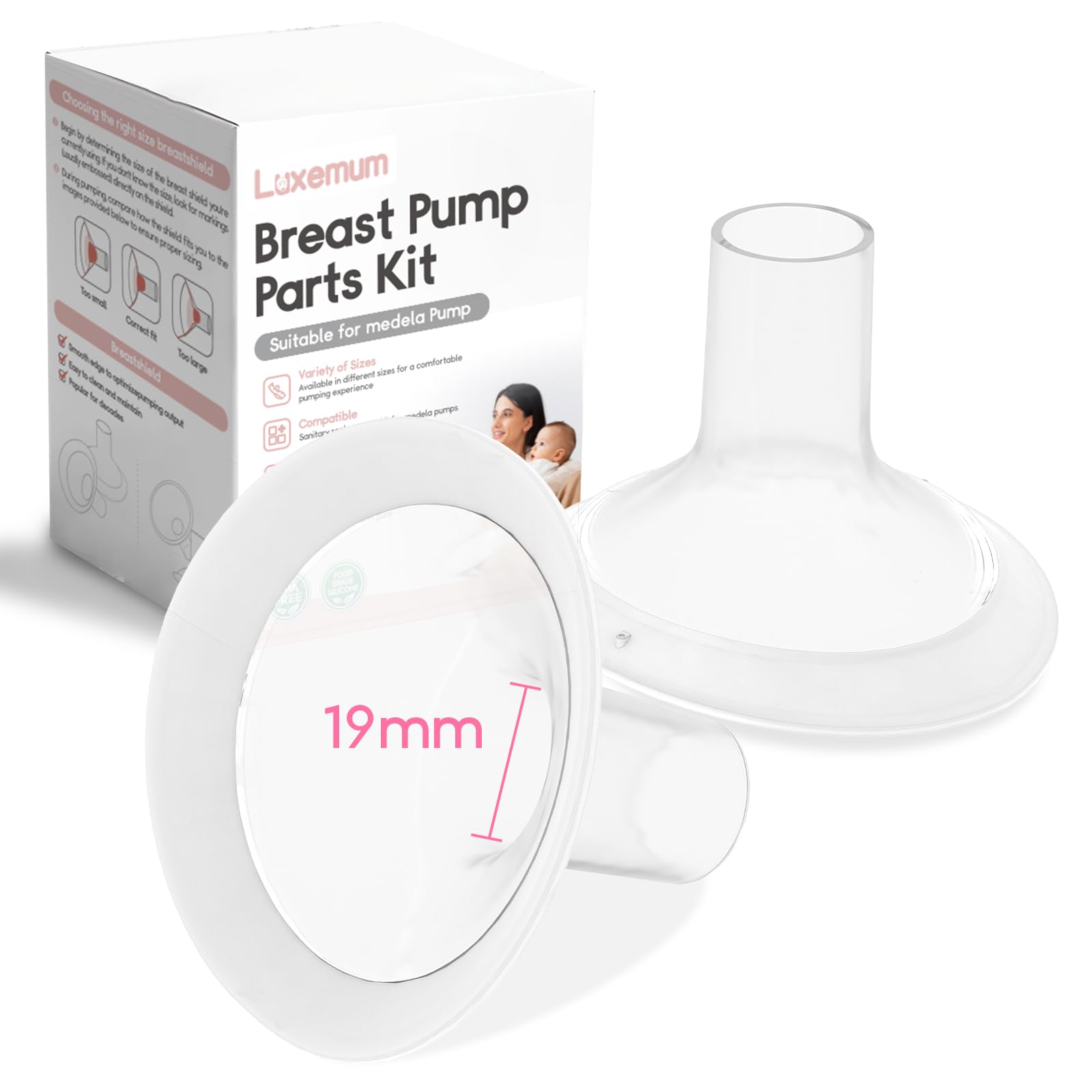 Breast Pump Parts for Medela, 19MM Oval Soft Flanges w/ 106 Degree Wider Opening Angle for Medela Symphony Pump, PersonalFit, Freestyle, Maxflow,