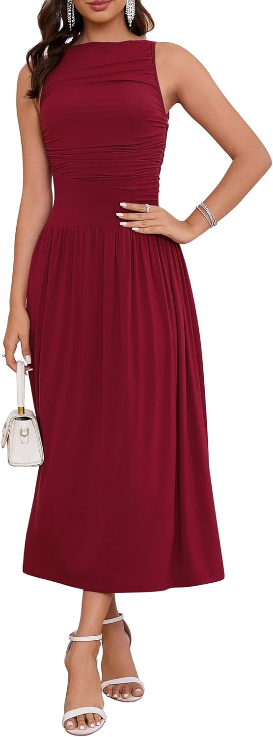 2026 Summer Formal Dresses for Women Casual Ruched Maxi Dress Sleeveless Drop Waist Boat Neck Long Flowy Sundress