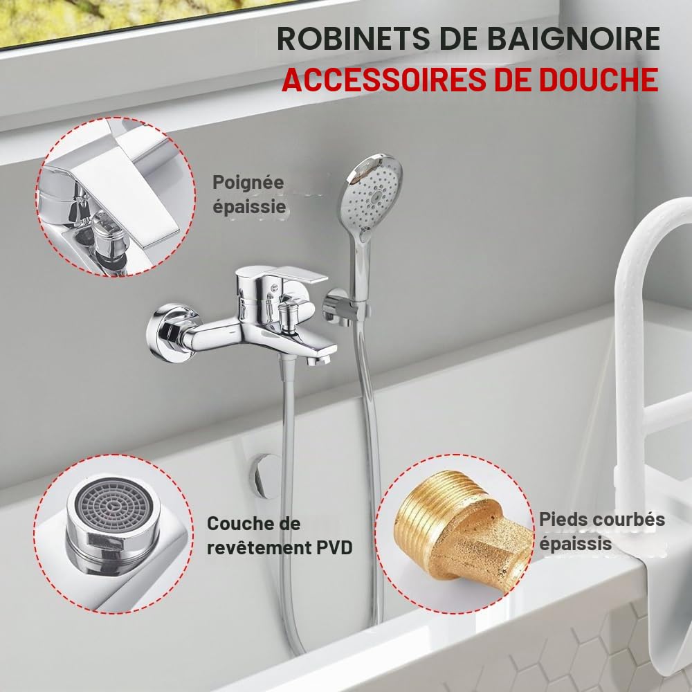Robinet de baignoire mural - Mitigeur monocommande chaud et froid - Kit complet avec 8 accessoires de montage pour douche et baignoire