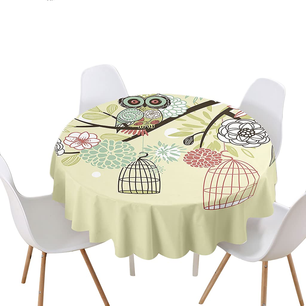 Highdi Round Tablecloth Wipe Clean, 3D Print Polyester Waterproof Dust-Proof Circular Table Cover for Dinner Kitchen Holiday Bistro Garden Outdoors (Owl bird cage,Diameter 120cm)