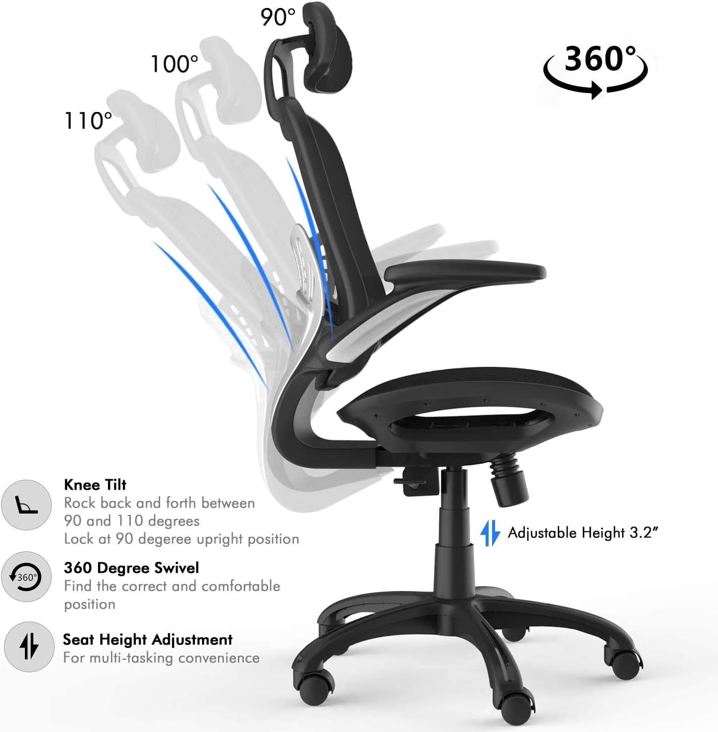 Ergonomic Office Task Chair,Desk Chair, High Back Executive Home Office Desk Chair with Arms Adjustable Height Back Lumbar Support Mesh Heavy Duty…: Kitchen & Dining