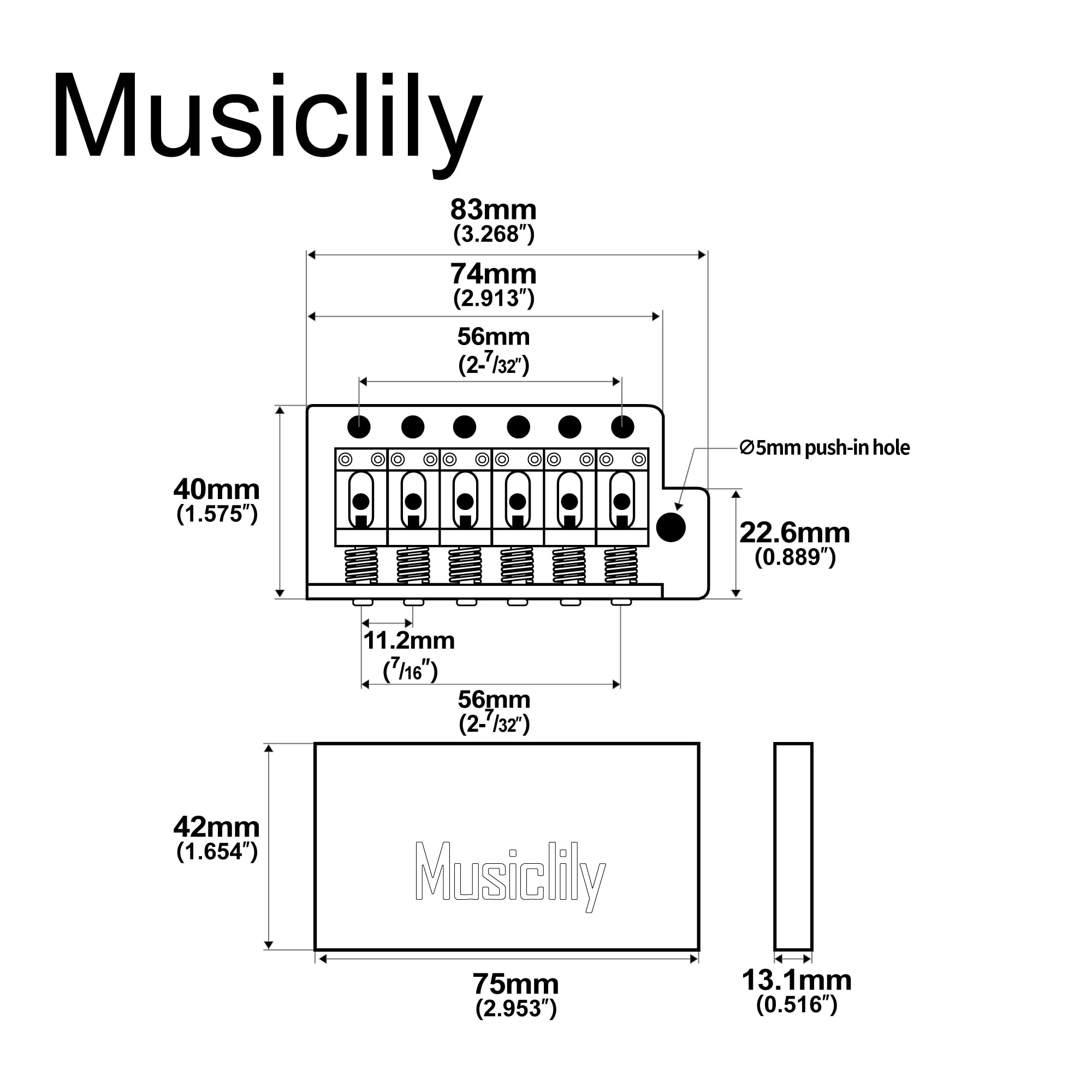 Musiclily Ultra 56mm 6-Punkt ST American Vintage Tremolo Bridge Steg mit Gebogenen Stahl Saitenreiter 42mm Messingblock für Strat Style E-Gitarre, Chrom