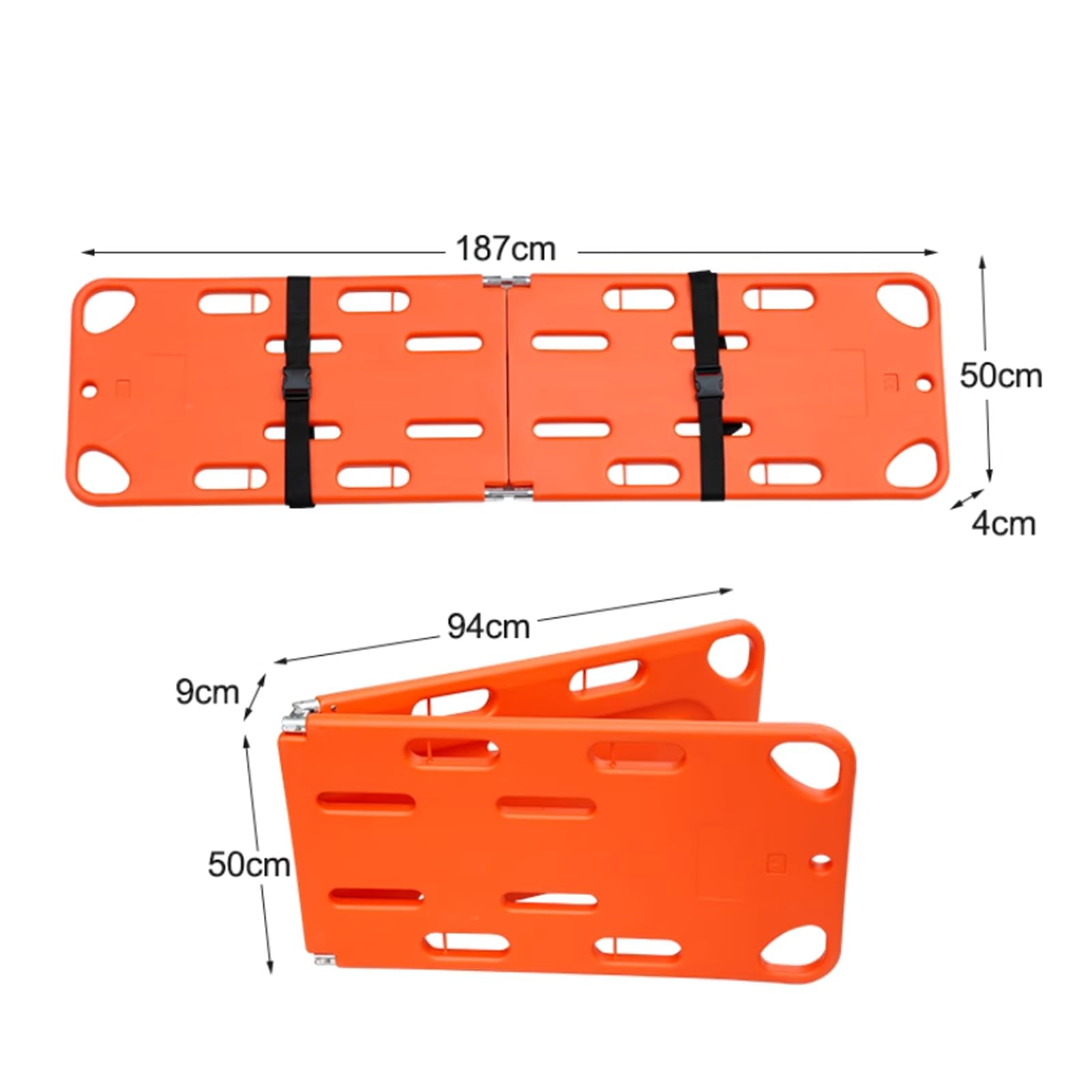 Faltbare Spineboard-Trage - Leichtes, tragbares, wasserabweisendes Spineboard mit 3 verstellbaren Gurten für Rettungssanitäter/Krankenwagen - Strapazierfähiger PE-Kunststoff, Orange, 74"x20"x2",