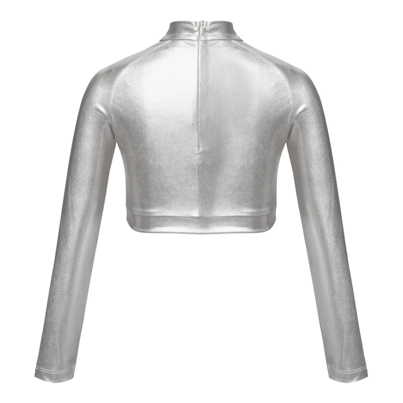 JanJean Girls Metallic Long Sleeve Dance Crop Tops Kids Mock Neck Athletic Tops Hip Hop Jazz Gymnastics Ballet Dancewear Silver 8 Years