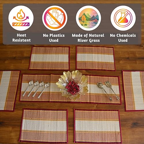 Image of Handmade River Grass Dining Table Mats Set of 6 Pieces & Runner | Heat Resistant Korai Grass Dining Mats | Natural Eco Friendly Madurkathi Placemats | Sangreal Maroon Tablemats