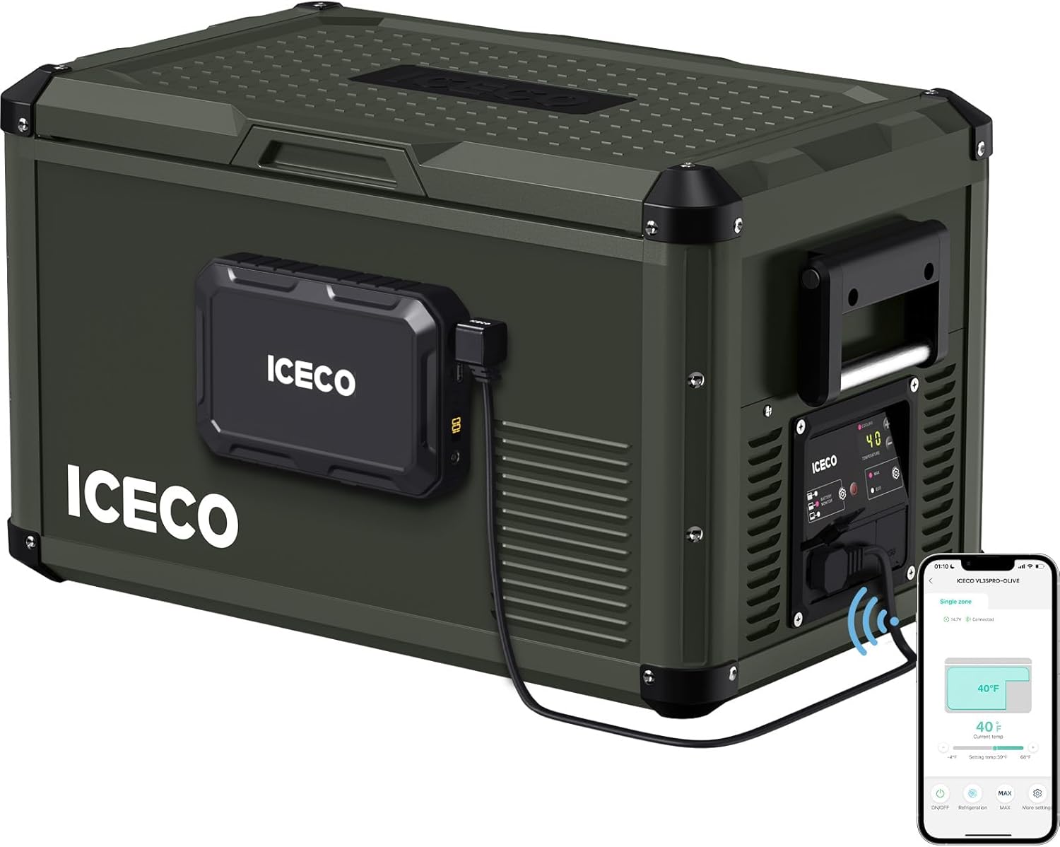 ICECO VL35 ProS 12V Refrigerator, 35 Liters Portable Fridge Powered by SECOP, Multi-directional Lid, Dual USB & DC 12/24V, AC 110-240V, 0℉-50℉, for Outdoor, Car, Travel (VL35 ProS Olive Green+Battery)