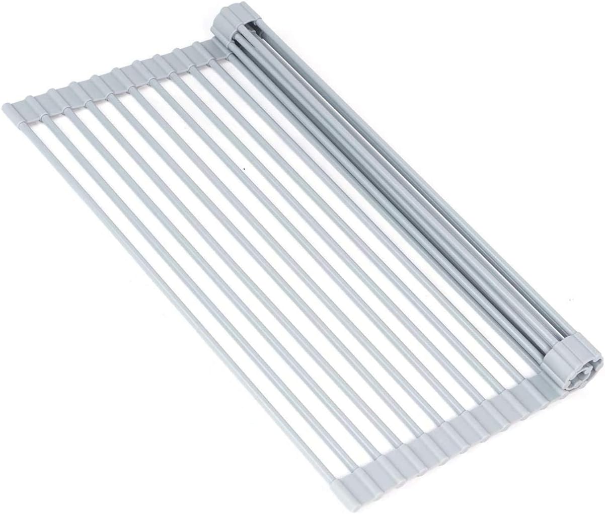 X Home Large Roll Up Dish Drying Rack, 20.5 x 13 Inch Silicone Coated Foldable Dish Rack Over The Sink for Kitchen, Gray