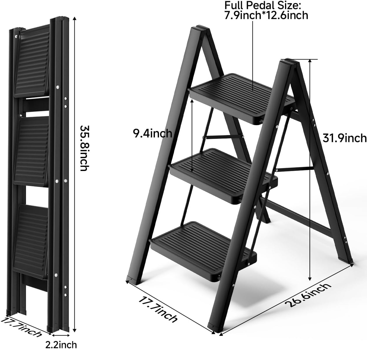Step Ladder 3 Step Folding, Small Step Stool for Adults, Portable Anti-Slip Iron Stepladder with Wide Pedals for Home and Kitchen Use, Space Saving - Black (300 lbs)