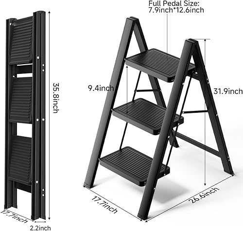 Miniatura 5 de Escalera plegable de 3 escalones, taburete pequeño para adultos, escalera de hierro antideslizante portátil con pedales anchos para uso doméstico y