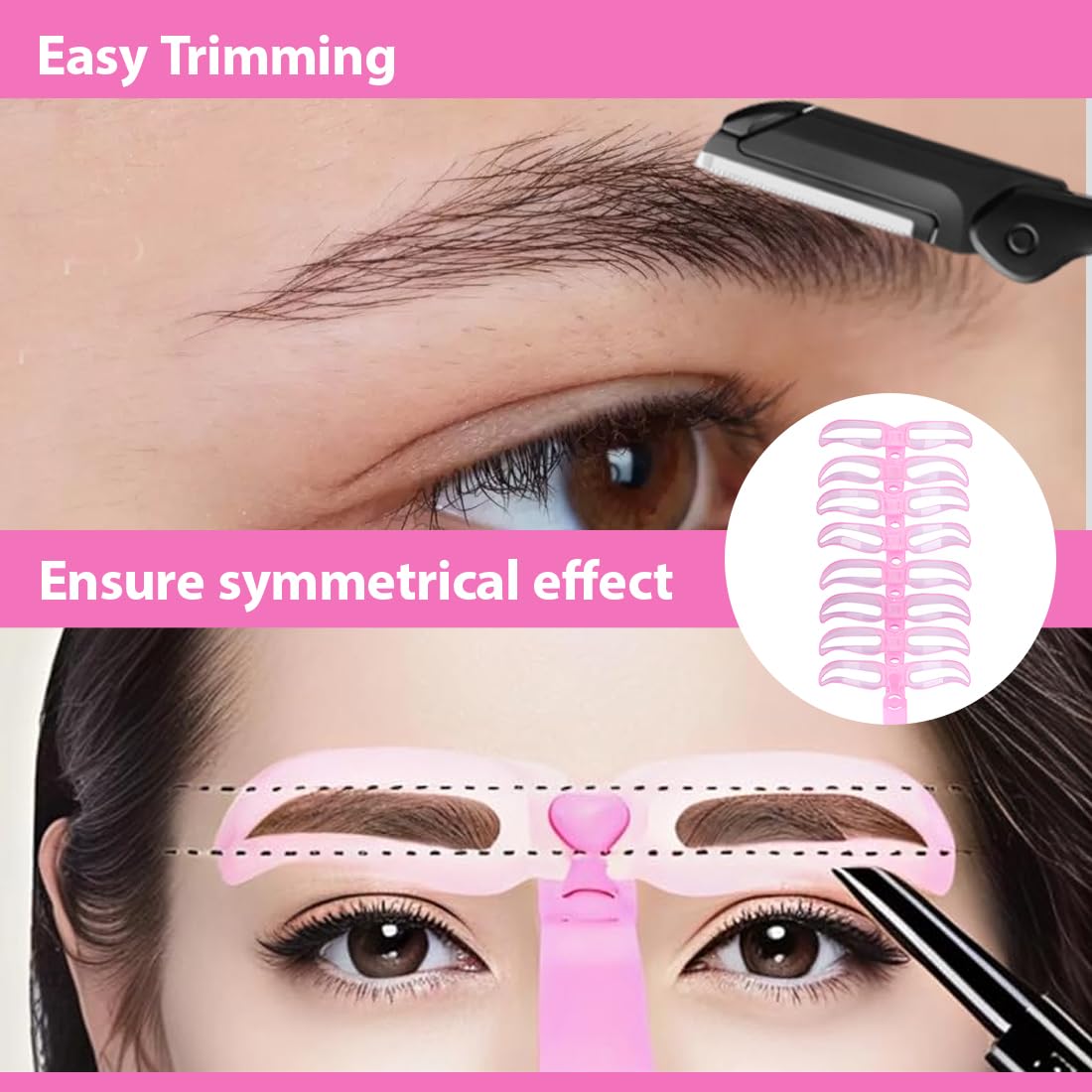 GXGM Stencil Sopracciglia Kit Timbri Sopracciglia 8 Stencil per Sopracciglia per Principianti Riutilizzabili e 1 Rasoio per Sopracciglia, Rosa