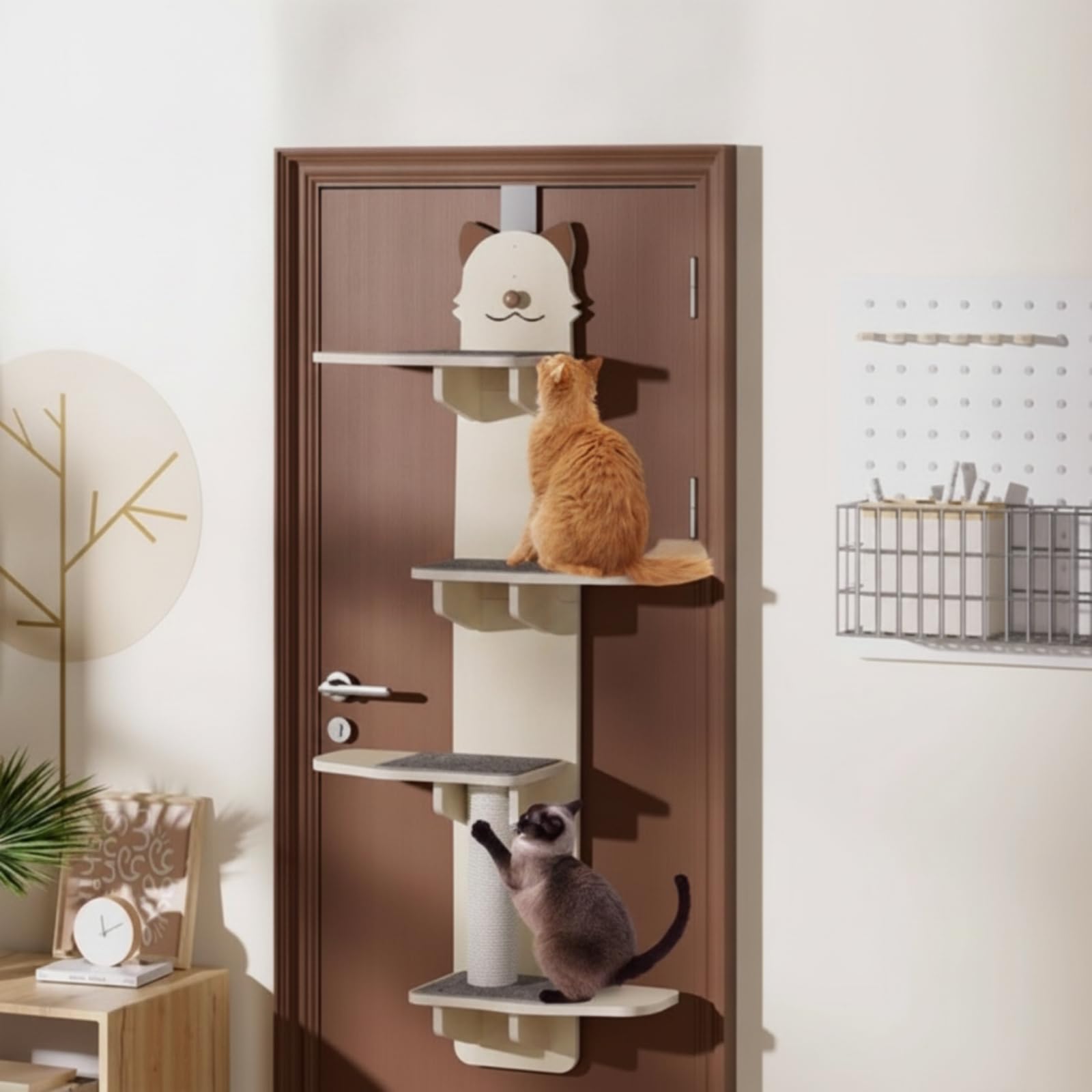 Gralara Tiragraffi Torre per Gatti Arrampicata Albero Piattaforme in HDF con Colonna Tappetini Graffianti E Pallina Gioco, Testa Di Gatto In Legno Massello Multistrato Da 15 Mm