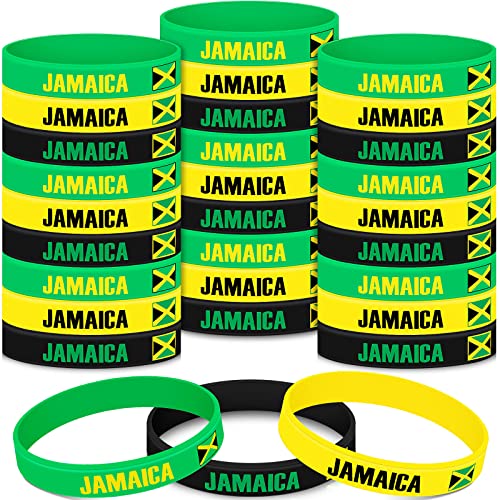 Lenwen 48 Pcs Multicolor Jamaican Country Flag Silicone Bracelet Jamaica Souvenirs Black Yellow Green Sport Wristband Jamaica Bracelet for Men Women Jamaican Birthday Party, 3 Style, 8 x 0.5 Inch