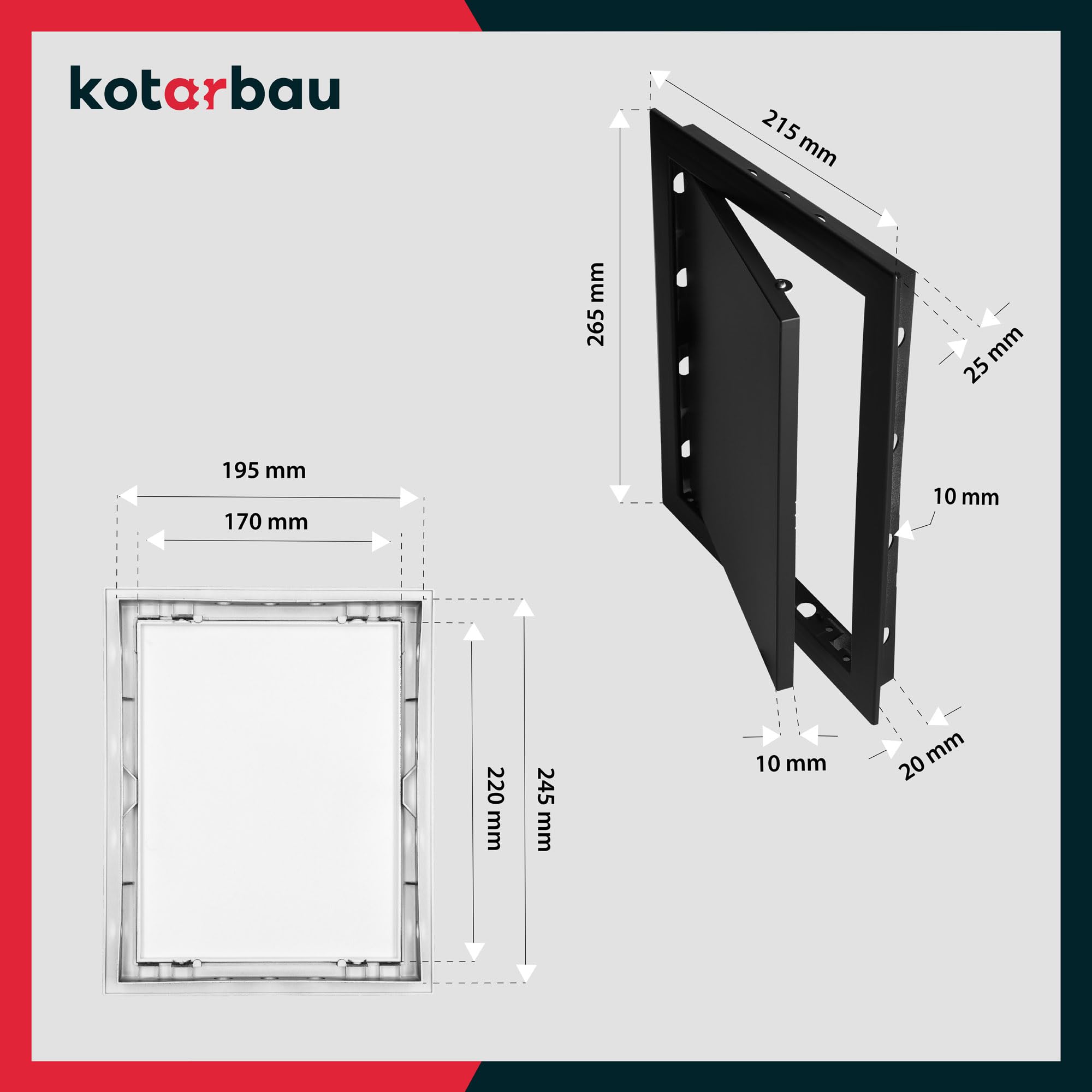 KOTARBAU® Puerta de revisión de 20 x 25 cm, para paneles de yeso, color negro, plástico, tapa de mantenimiento, tapa de revisión, tapa de servicio, puerta de revitalización
