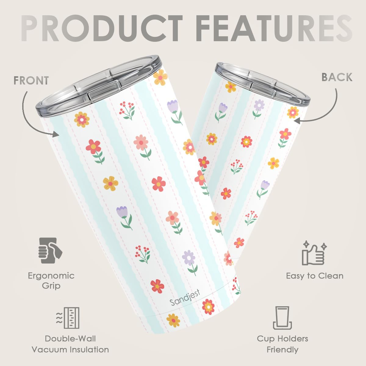 SANDJEST Floral Tumbler 20oz, Stainless Steel Travel Cup with Lid, Insulated Coffee Mug, Floral Gifts for Women Girls Friends Sisters on Birthday Christmas - Image 2