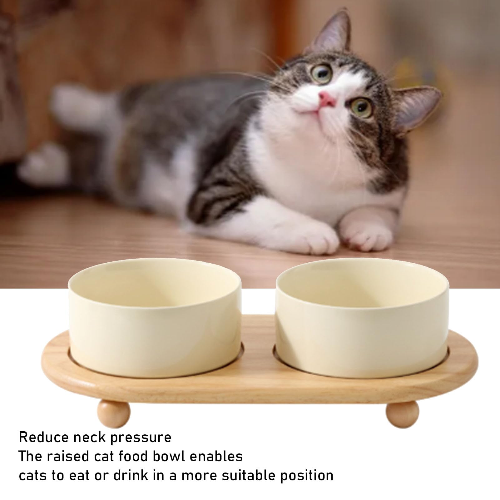 Gamelles Surélevées en Céramique pour Chat, Design Ergonomique, Double Gamelle Anti-basculement pour Chat, Parfaites pour Les Repas et L'hydratation, Comprend Un Support en Bois (Double Bol