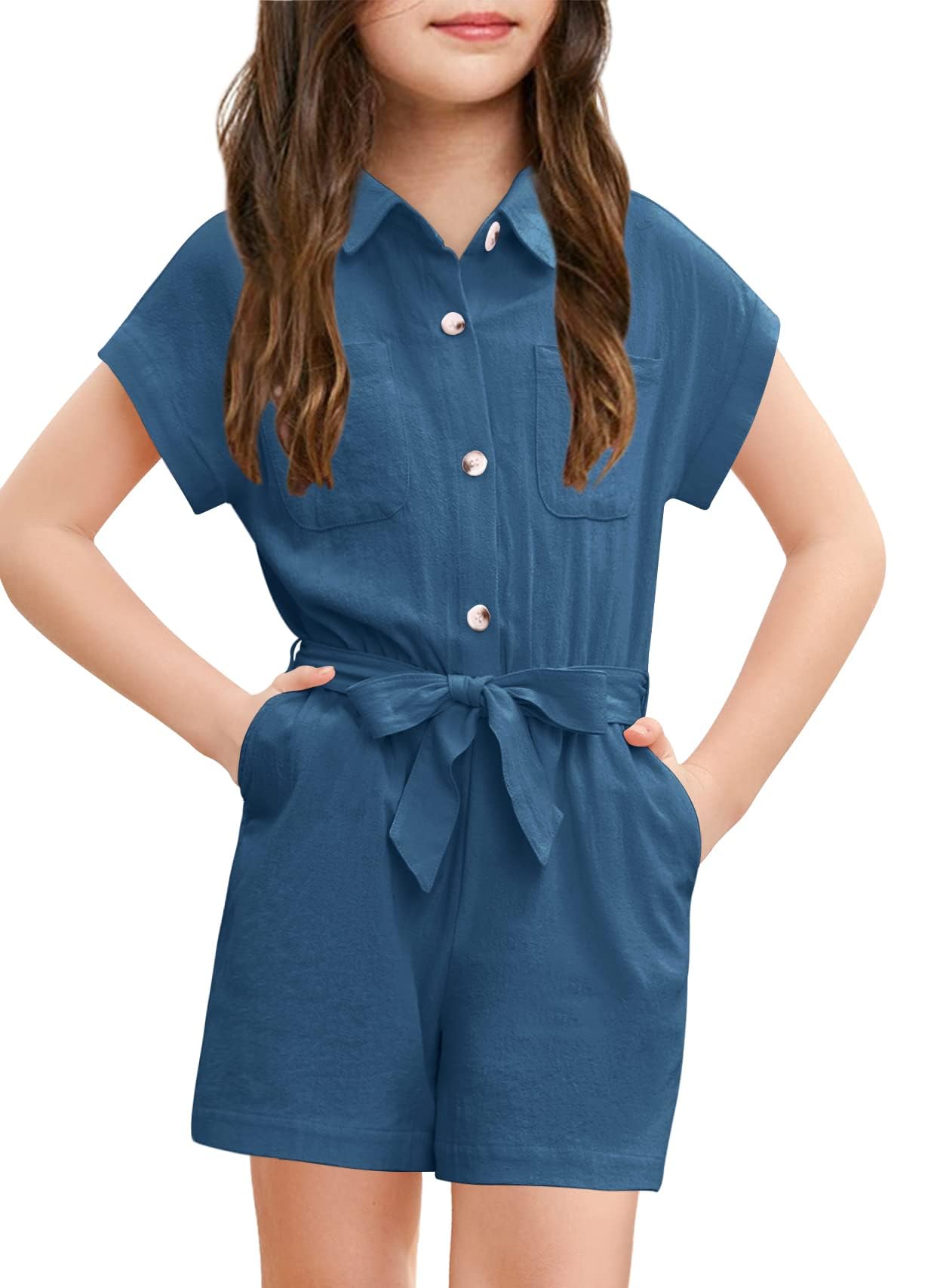 Haloumoning Mono para niña de verano con botones y cinturón bolsillos
