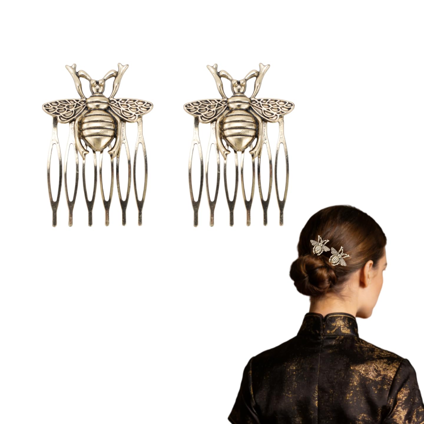 2Pcs Vintage Gold Bee shaped Hair Side Combs Set for Women- 3D Insect Hair Styling Accessories for Buns/Updos | Unique Retro Headpieces Clips for Wedding/Party/Hanfu,Gifts for Bridal Girls image 5
