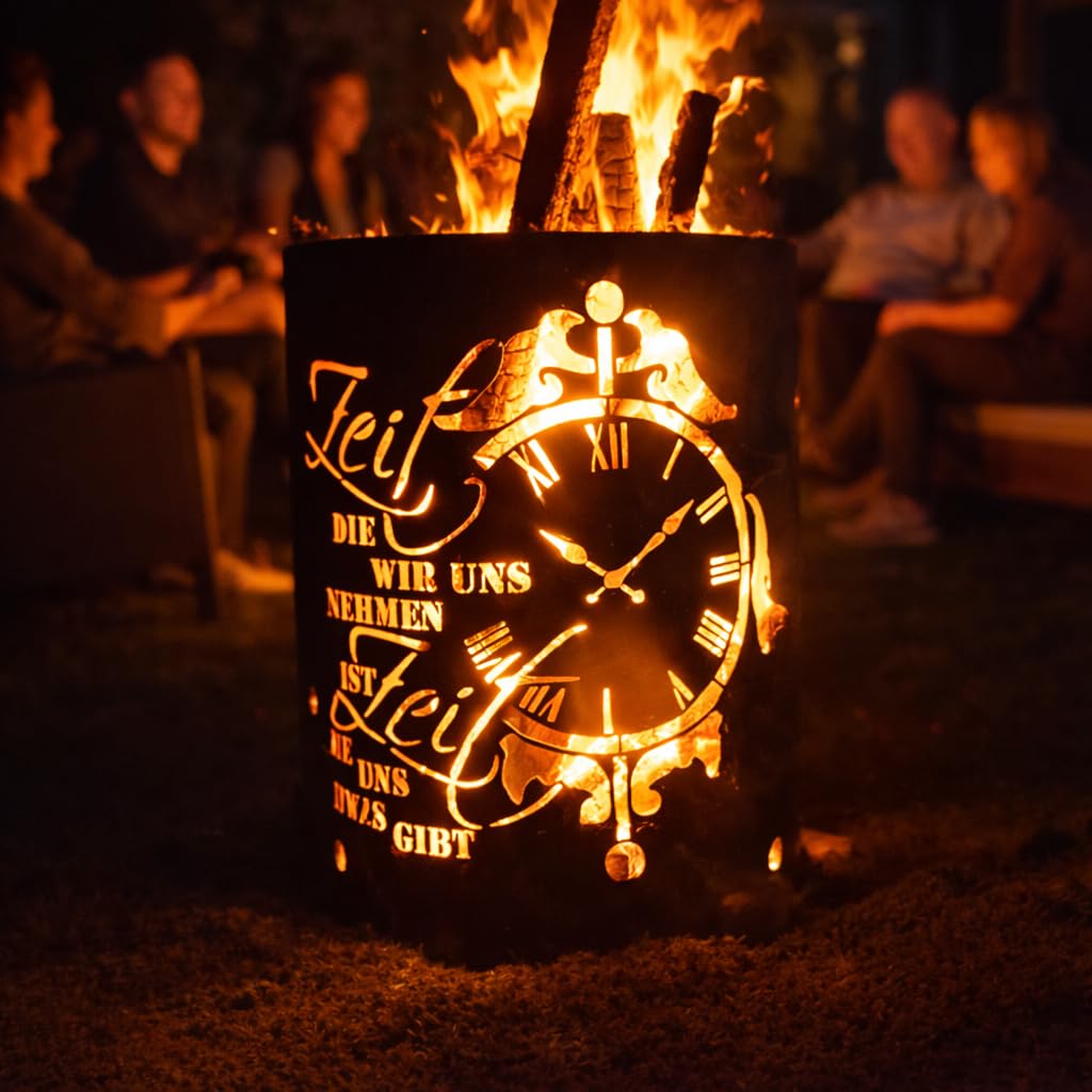 Feuertonne mit Zeit Motiv - Gefertigt aus neuem Ölfass - Besondere Feuerstelle für Garten und Terrasse - Hohe Feuerschale mit Rostoptik - 90 x 60 cm