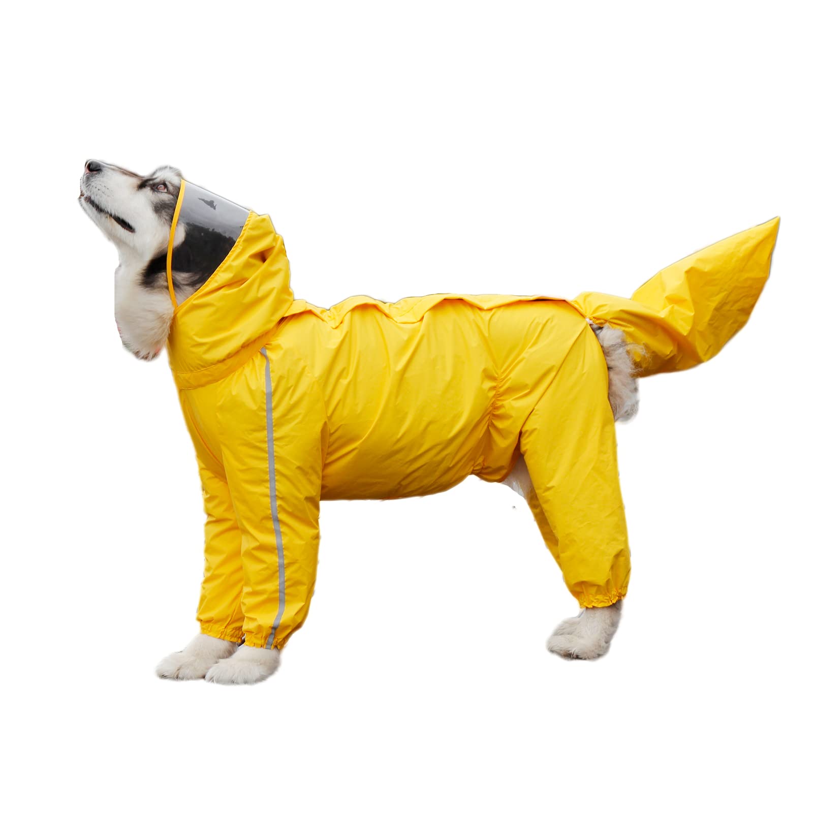 Large Dog Raincoat Pet Waterproof Jacket with Hood & Collar Hole Transparent Brim,Ultra-Light Reflective Full-protect Four-leg Jumpsuit Clothes for Large Dogs 10XL, Yellow