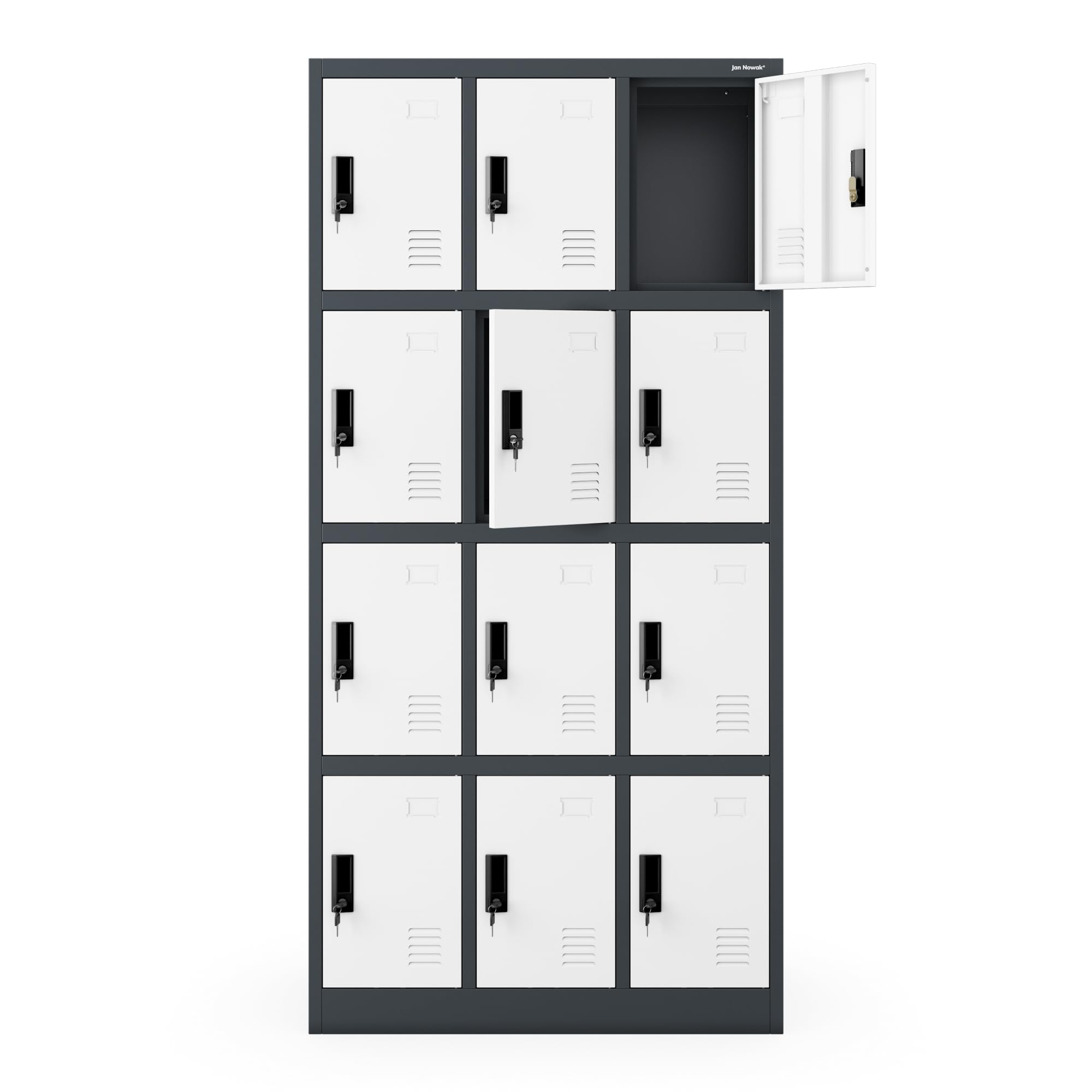 Jan Nowak Umkleideschrank Personalschrank Metall, 12 Fächer, abschließbar | Schließfachschrank ,Garderobenschrank, für 12 Nutzer, Lüftung, Namensschildhalter, 10 kg je Fach, Stahl, 185x90x40 cm