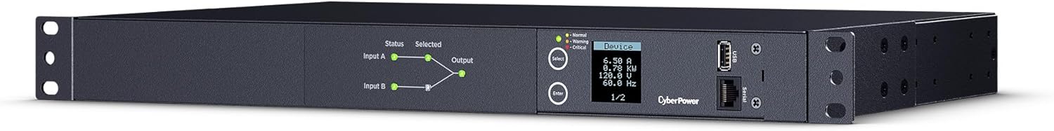 CyberPower PDU24001 Metered ATS PDU, 100-120V, 15A (Derated to 12A), 10 Outlets, 1U Rackmount