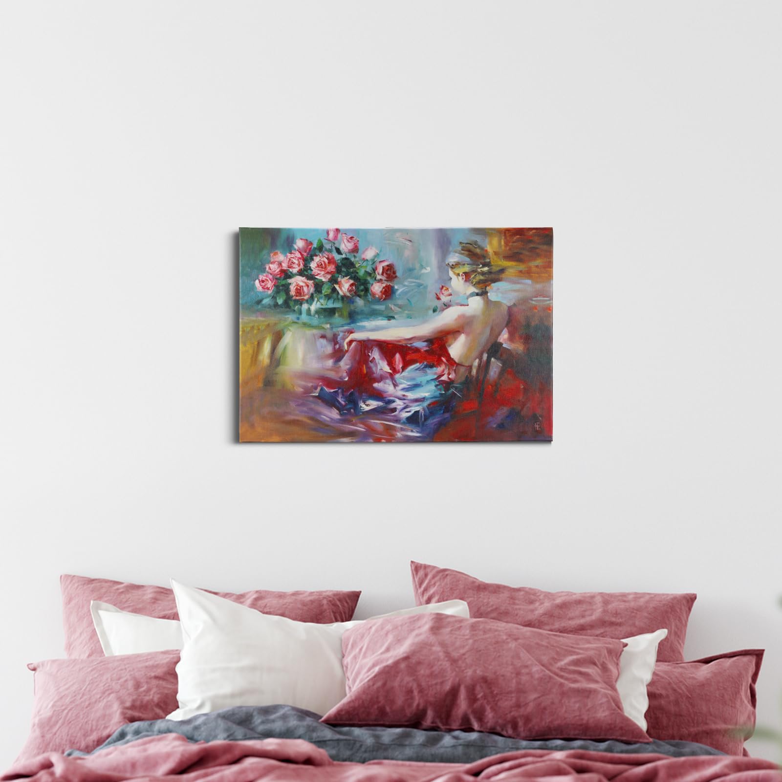 JBER Sztuka ścienna na płótnie, dekoracja stołu ściennego do sypialni, salonu, piękny prezent, obraz olejny na płótnie do pokoju - 60 x 40 cm (pełna wdzięku czerwona sukienka)