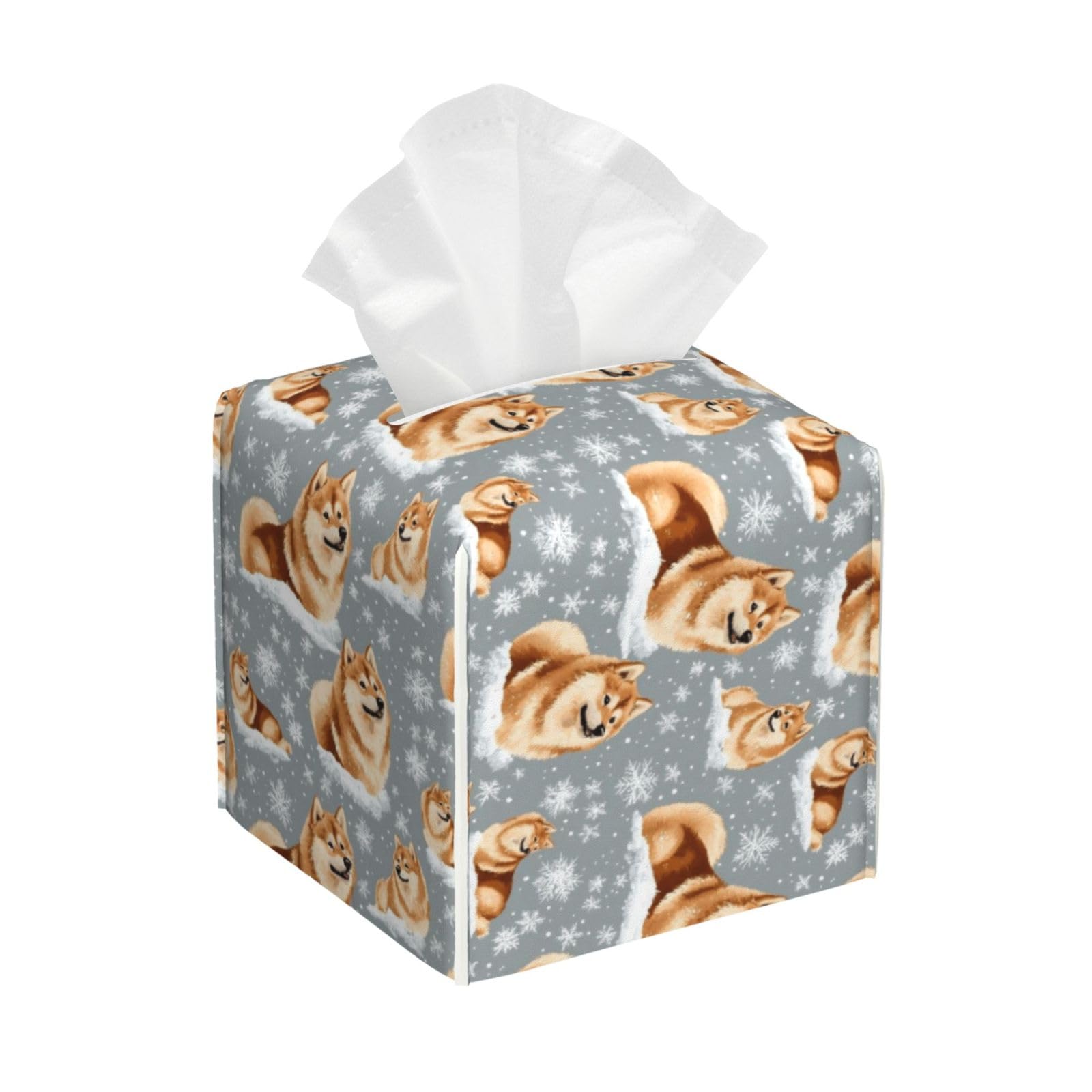 Winter Snowy Shiba Inu Print Tissue Box Cover Holder Square, Foldable Modern Cube Tissue Box Cover, Leather Decorative Organizer for Tabletop Bathroom Car Office Desk Decor