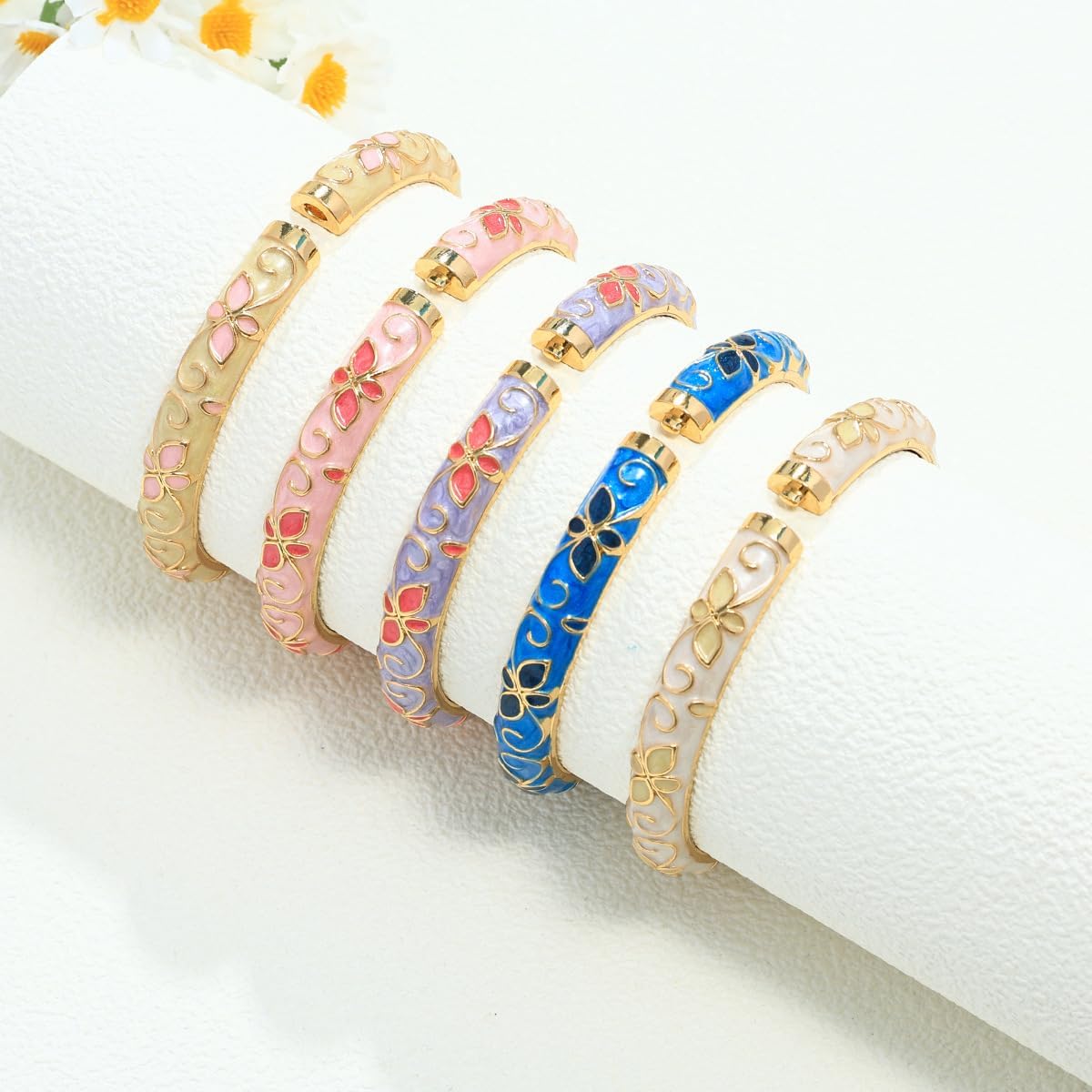 Cloisonne Bracelet For Women, 4 Petals of Flower Shaped Enamel Bling Chunky Bangle Trendy Cute Colorful Gold Plated Vintage Bracelets Stackable Wife Jewelry Friendship Gift - Image 4