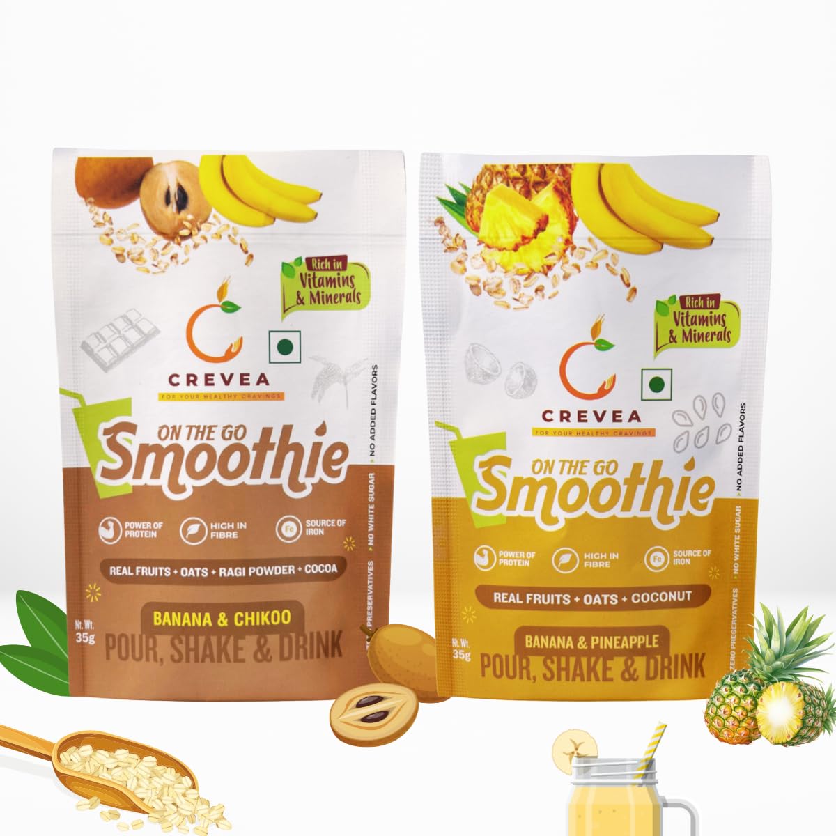 CREVEA Smoothie Mix Combo - 3 Pinacolada & 3 Chocolate Chikoo Punch. Natural Fruits oats and ragi. No added Preservatives or Flavors. Delicious Smoothies rich in nutrients. Pack of 6 (3+3) (B0CFY5N84F) Amazon Price History, Amazon Price Tracker