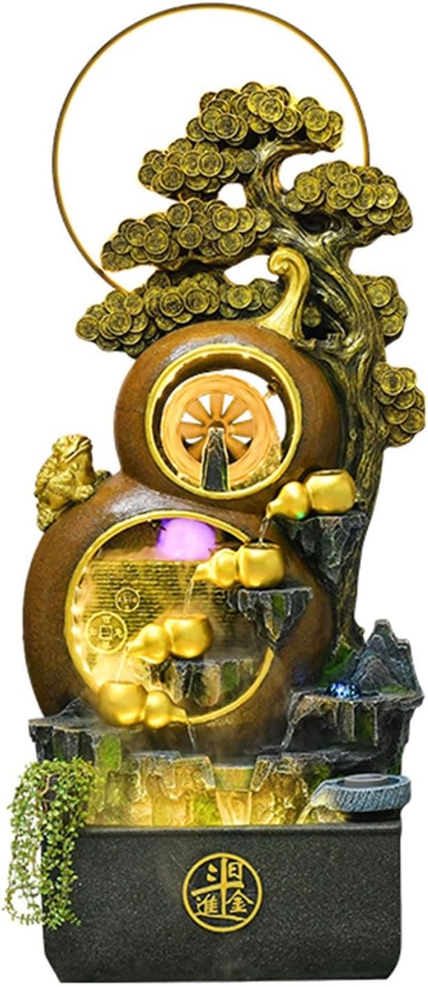 Floor Water Fountain Freestanding Water Fountain - In the Shape of a Fortune Gourd, Including Simulated Greenery, LED Lights and Crystal Ball, Modern Design for Home and Garden Decoration, Floor Stand