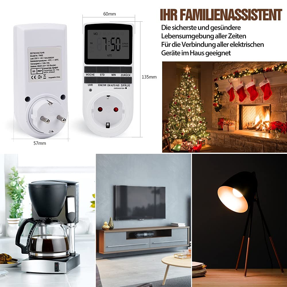 Nach Maß Deutsche Ausführung Zeitschaltuhr Digital - 4 PCS | Digitale Elektrische Zeitschaltuhr Steckdose mit Deutsche System und Tasten | 10 konfigurierbare Programme | 12/24h Modus, Weiß