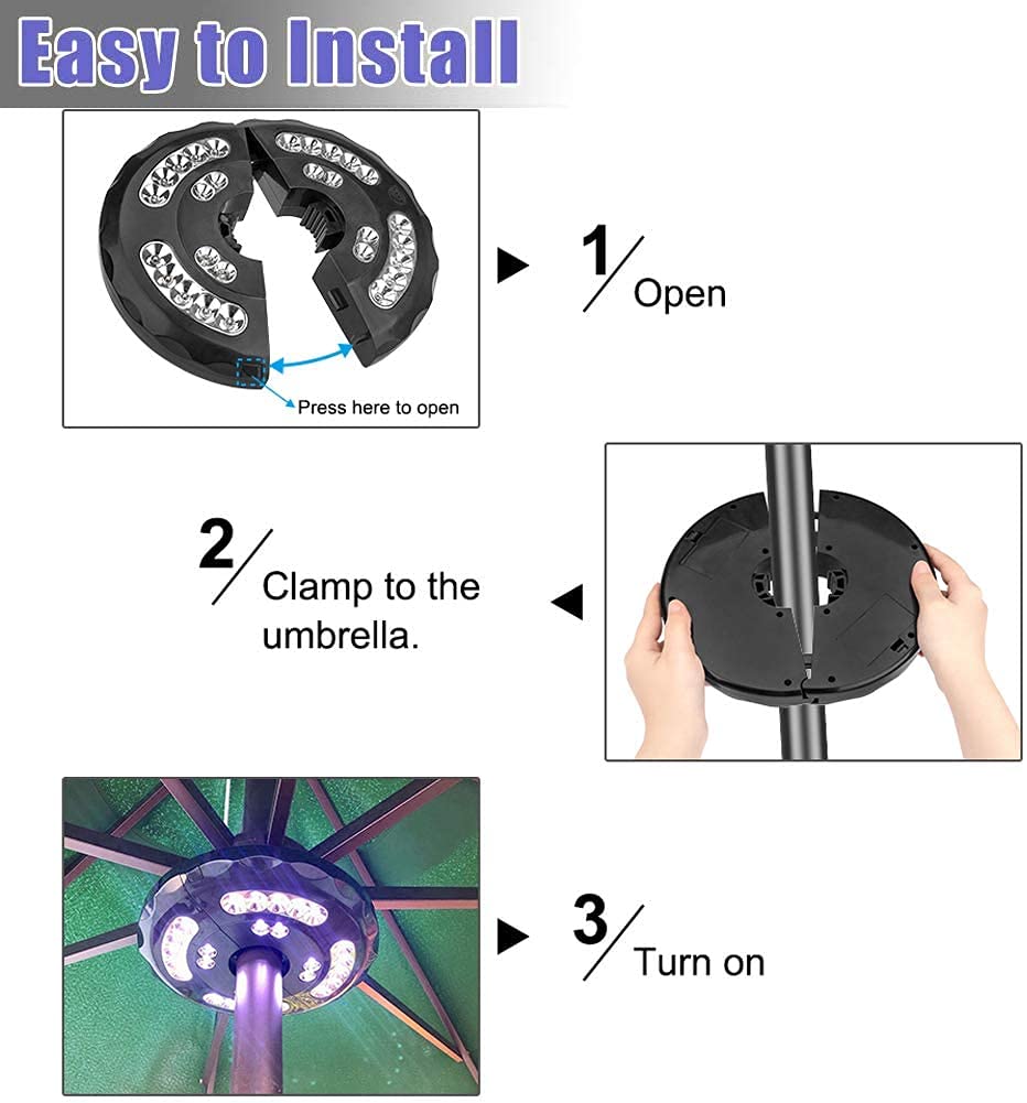 Lámpara para Sombrilla de Patio Luces Sombrilla Luz de sombrilla de patio Luz impermeable inalámbrica con 3 modos de nivel USB recargable 28 LED Parasol Mate para tiendas de campaña al aire libre U