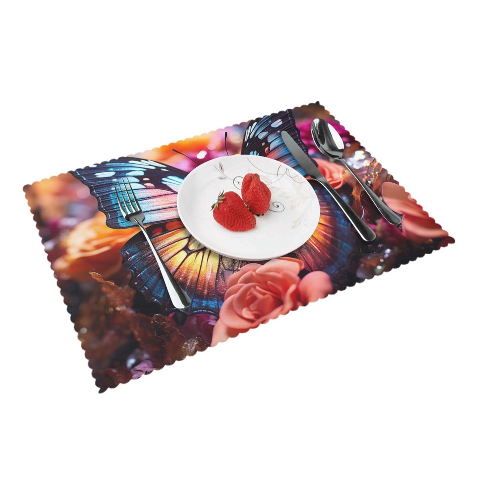 Placemats Set of 4 Heat Resistant Woven Place Mats for Dining Table Roses and butterflies Placemats Washable Wipeable PVC Table Mats Indoor/Outdoor Place Mats for Party Kitchen Decor 30x45 cm