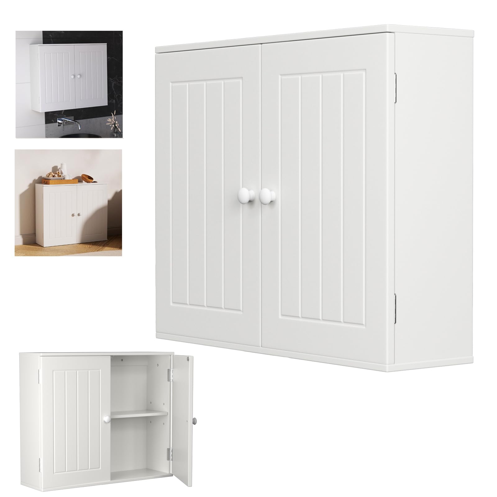 Lucn Wall Cabinet Kitchen Cupboard Storage Bathroom Wall Cabinet with Double Doors and Adjustable Shelf