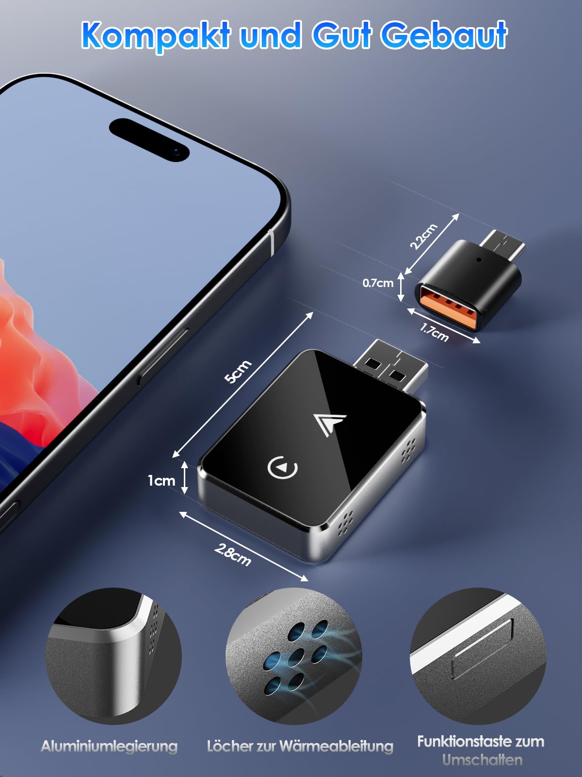 Adapter bezprzewodowy 2 w 1 do CarPlay/Android Auto, PARPAT konwersja z przewodowego na bezprzewodowy z USB/Type-C, stabilne połączenie i brak opóźnień, kompatybilny z iPhone/Android