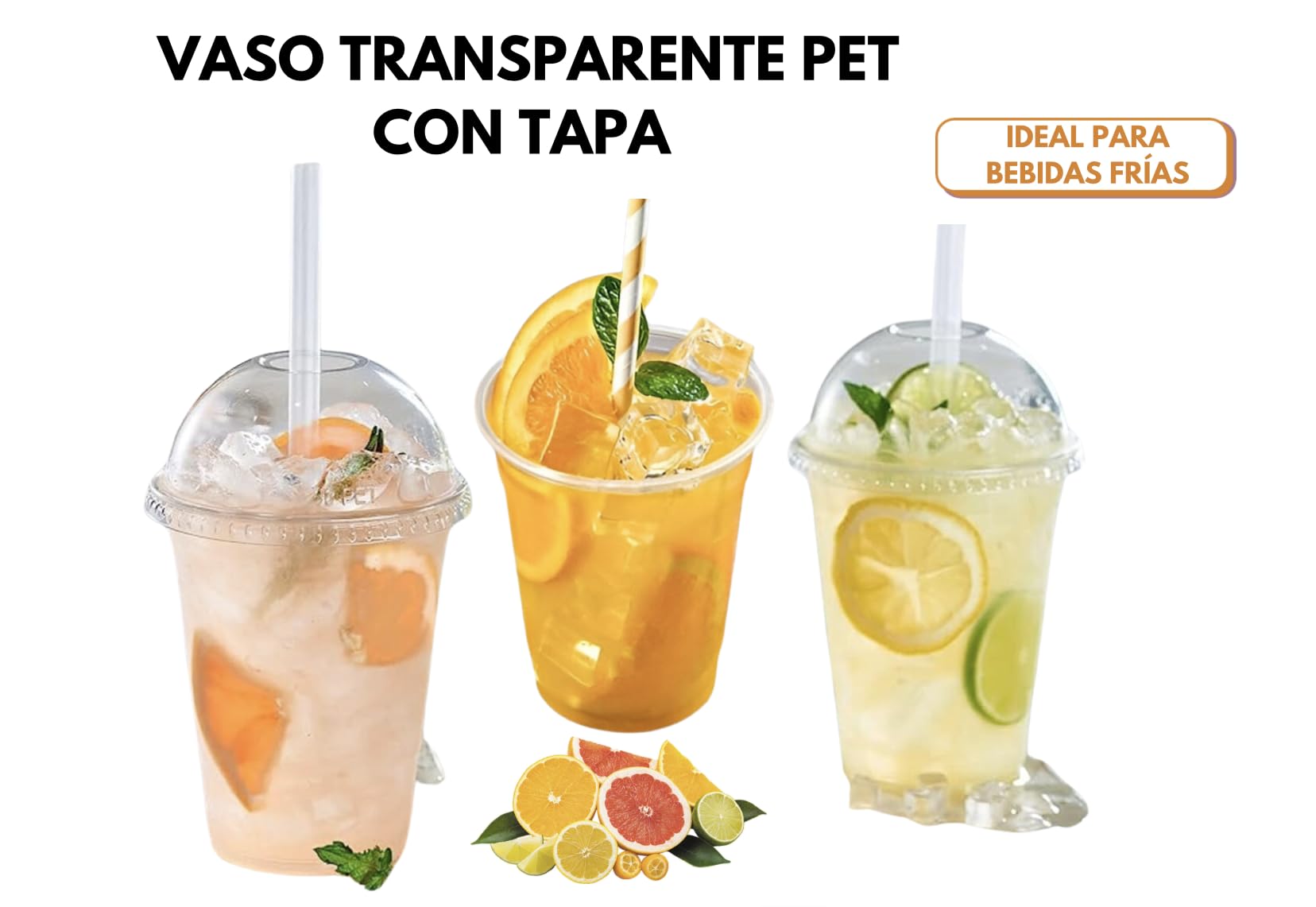 Vasos Transparentes con Tapa Abovedada, Vasos Resistentes y Reutilizables para Batidos, Granizados, Smoothies y Frappés, Uso Profesional y Takeaway, 375ml – 95mm Ø, 50 Unidades
