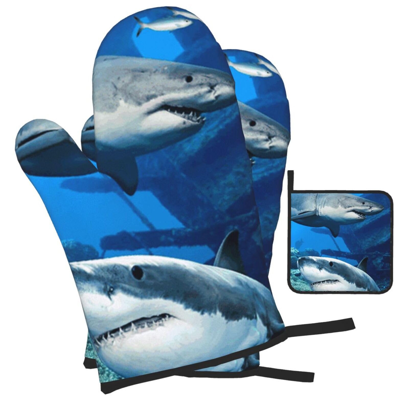 Underwater Wildlife Printed Oven Mitts and Pot Holders Heat Resistant Set of 3 Pcs, Modern Kitchen Gloves & Potholders for Cooking Baking Grilling
