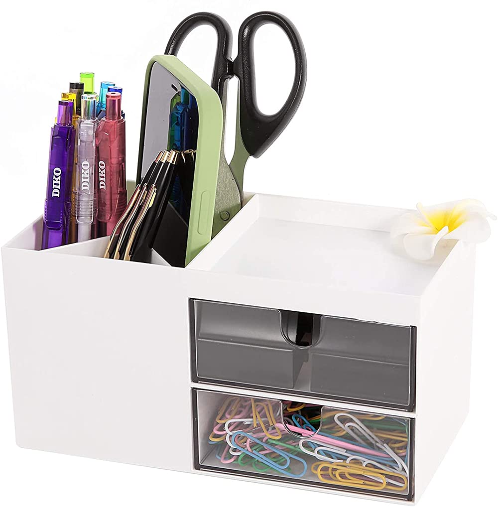 DELFINO Pen Holder, Office Desk Organizer, and Accessories, Multi-Functional Pencil Cup, Pencil Holder for Desk, Pen Organizer, Desktop Stationary Organizer, Office Organization and Storage (White)