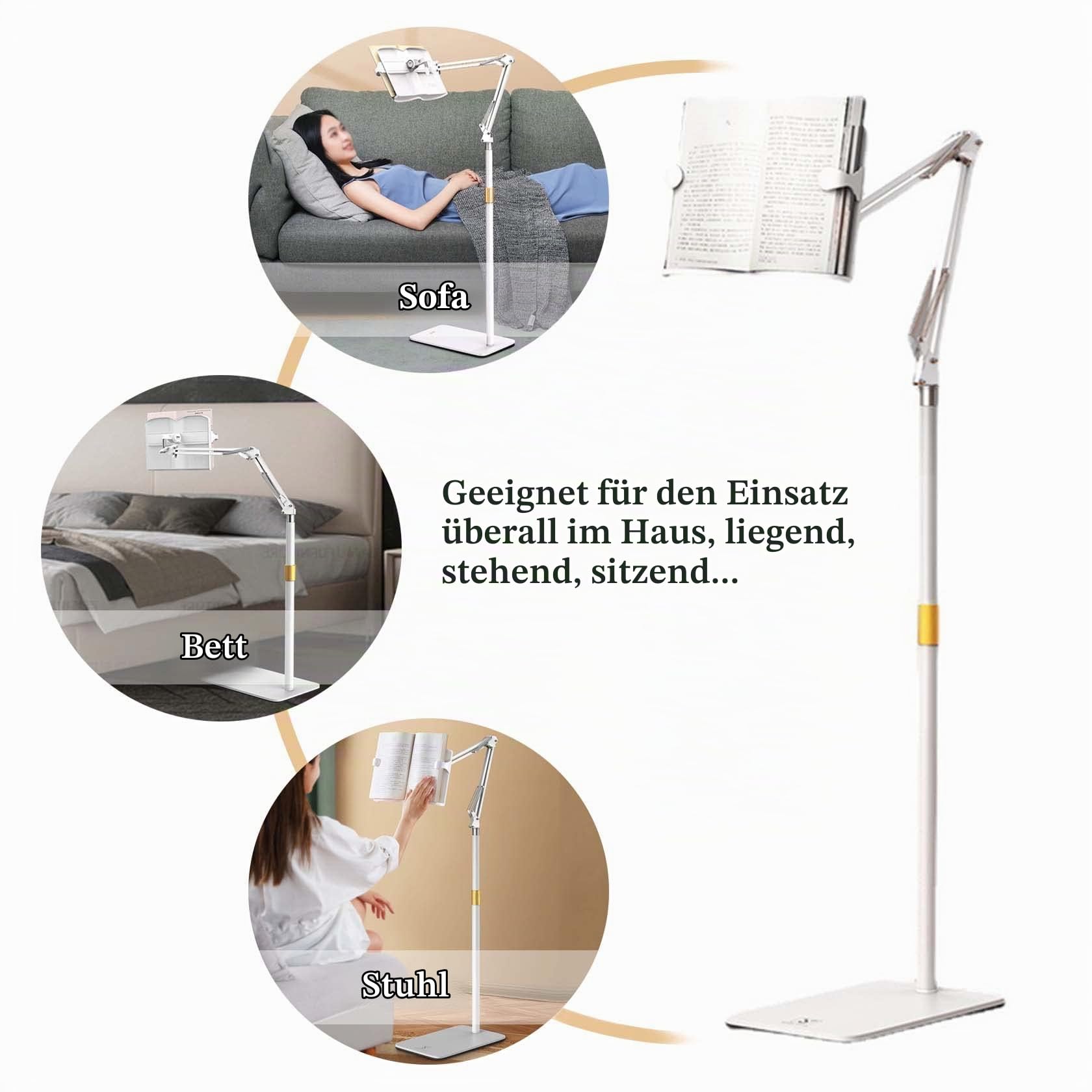 Leseständer Buchhalter für Bett Ergonomischer höhen- und winkelverstellbarer Buchhalter zum Lesen im Bett mit Seitenklammern Bodenständer für Buchständer cremefarben